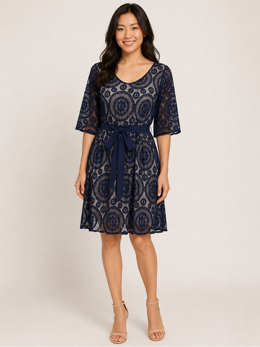 Navy Lace Fit-and-Flare Dress with Sash